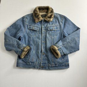 Lee Men's Denim Faux Fur Lined Trucker Jacket Denim Blue‎ Mens Size XL